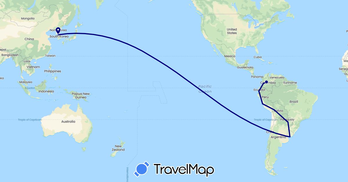 TravelMap itinerary: driving in Argentina, Bolivia, Colombia, Ecuador, South Korea, Peru, Paraguay, United States, Uruguay (Asia, North America, South America)